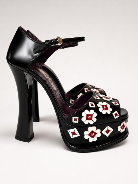 Prada Shoes - Prada 2012 Rare Platform Buckle Sandals w/floral appliqués, blk/white/red,36